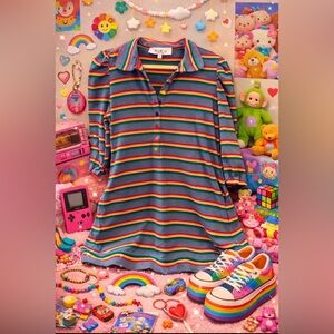 BURU Rainbow Stripe Polo Dress 🌈 Retro Preppy Fairy S Kidcore Pride Kawaii